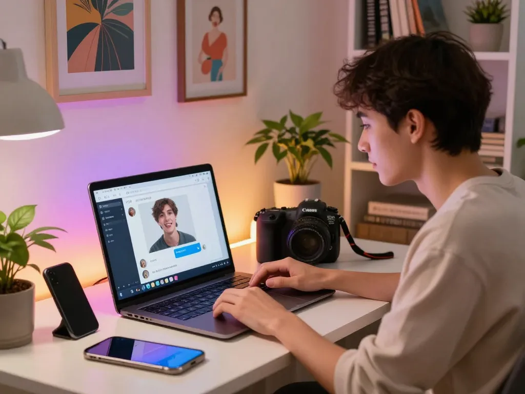 Engaging user chatting with sophisticated ai nsfw character on laptop in cozy setting with vibrant UI.