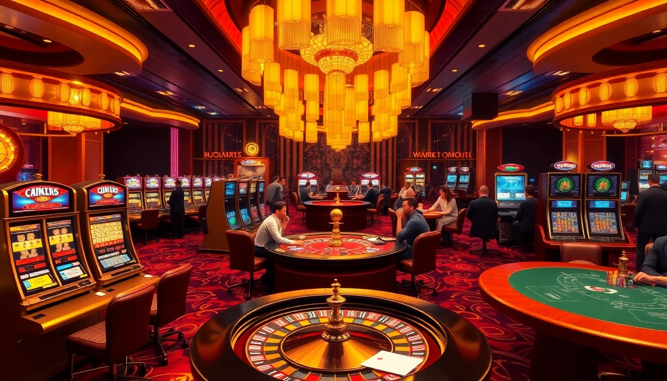 Players enjoying various games at luckywin casino with vibrant slot machines and elegant tables