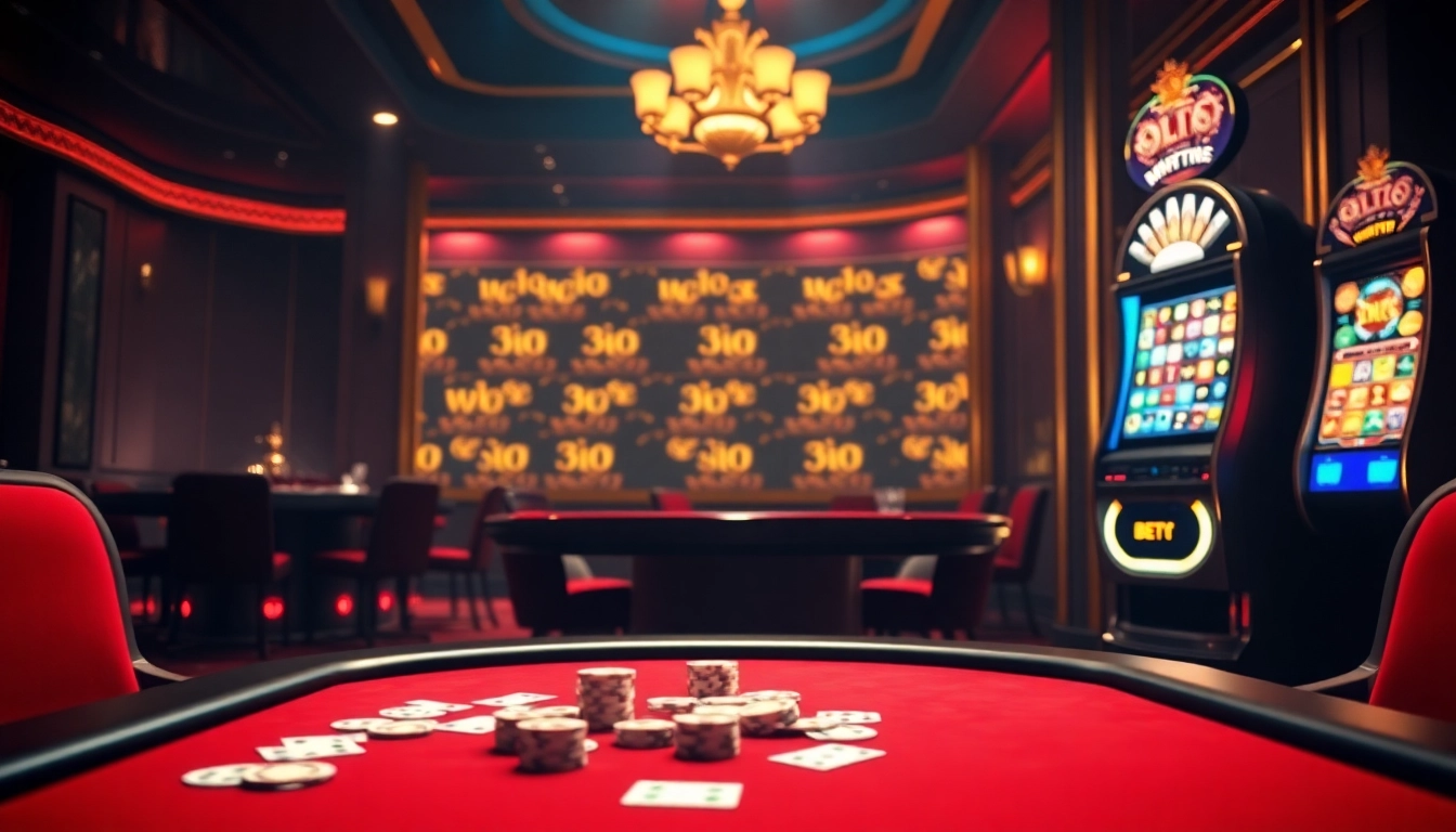 BET88's luxurious casino setting with poker chips and cards on a table, capturing the thrill of gambling.
