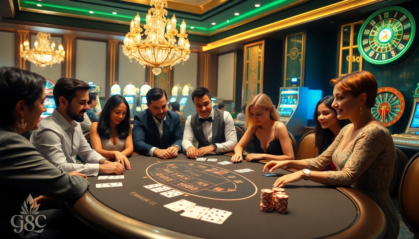 Engaging g88 casino scene with players at a blackjack table, showcasing excitement and strategy.
