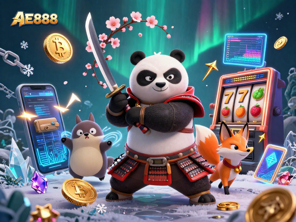 Engage in thrilling action with AE888, where a samurai panda, ninja fox, and spirit tanuki unite!