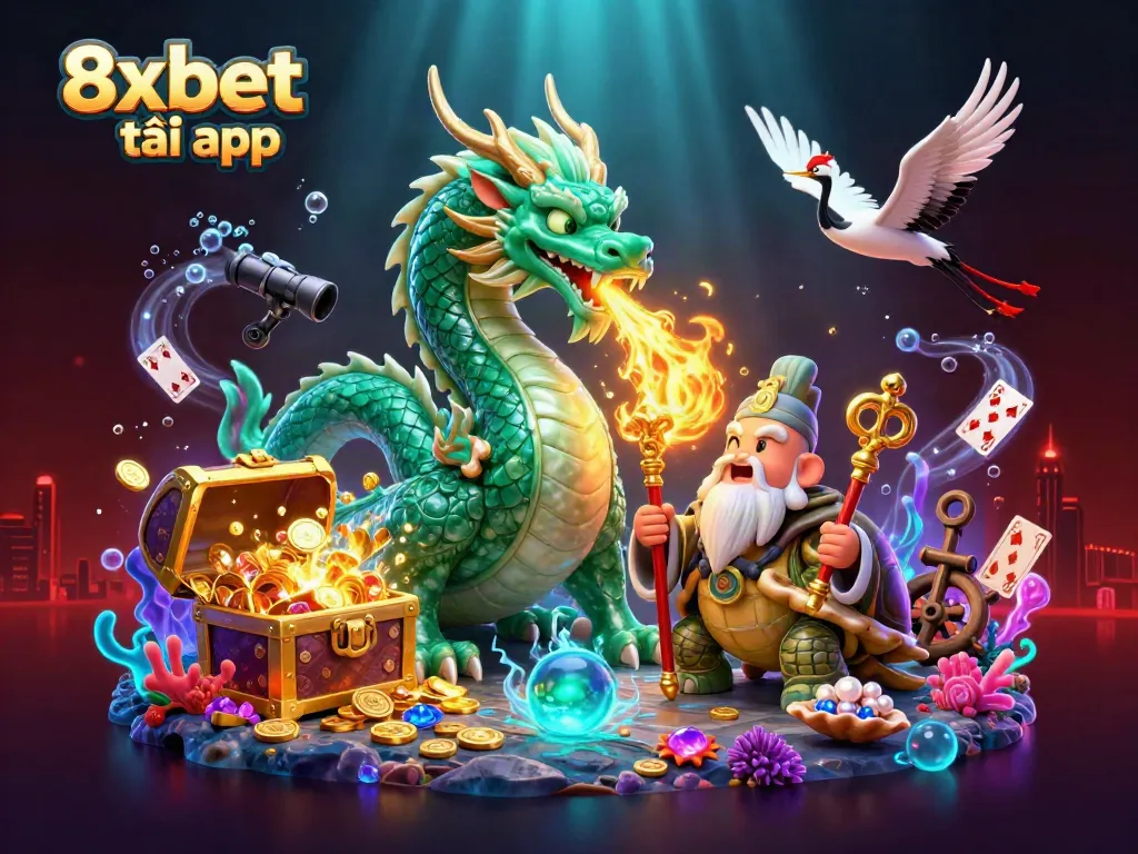Experience the thrill of the 8xbet tải app with a dynamic 3D casino scene featuring iconic symbols.