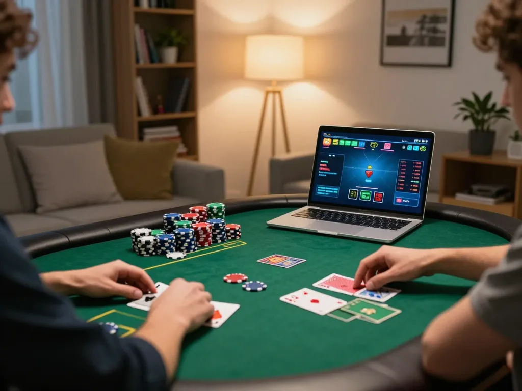 Engaged player enjoying online poker at home using DR88, showcasing cozy gaming setup and strategic moment