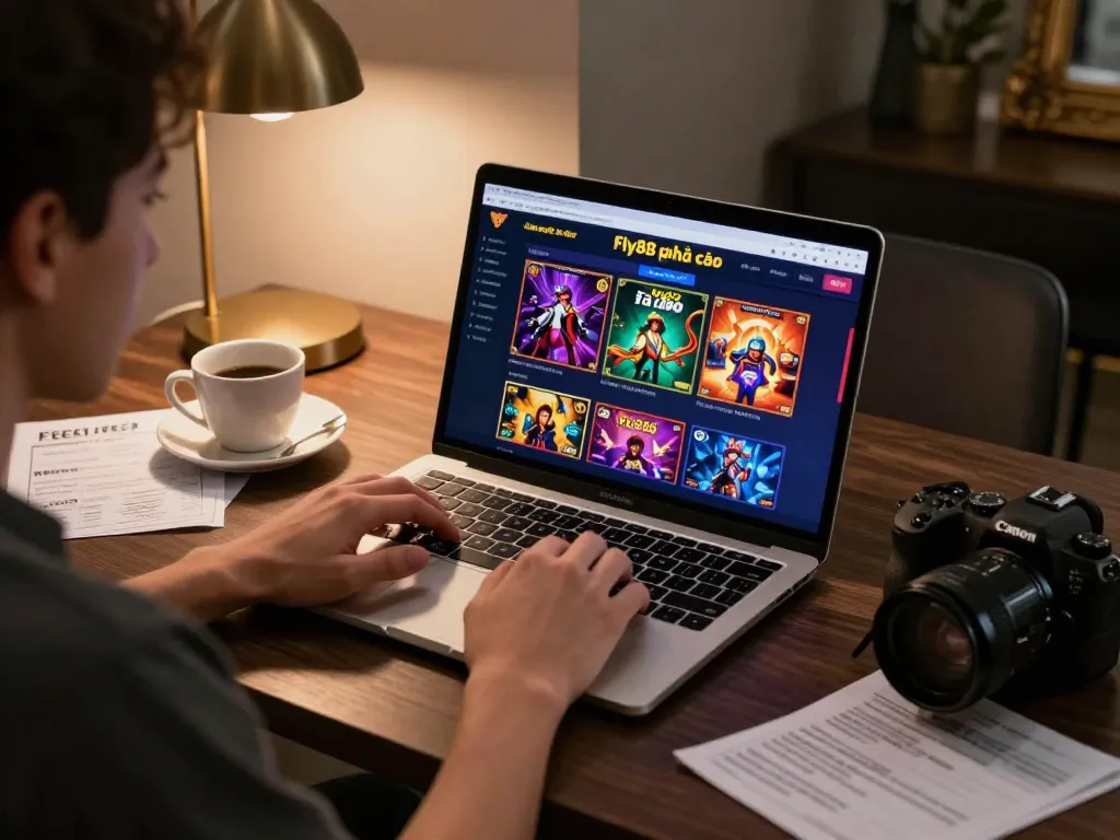 Engaging with Fly88 nhà cái on a laptop, showcasing vibrant online casino gaming.