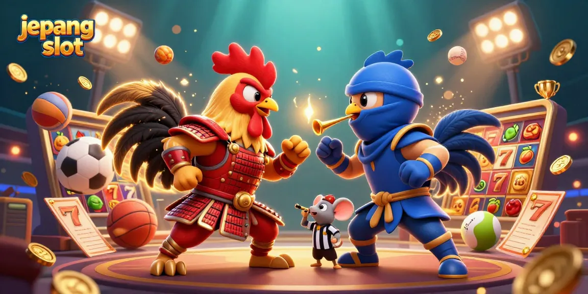 Experience thrilling jackpots with jepang slot as vibrant roosters battle in a colorful casino arena.