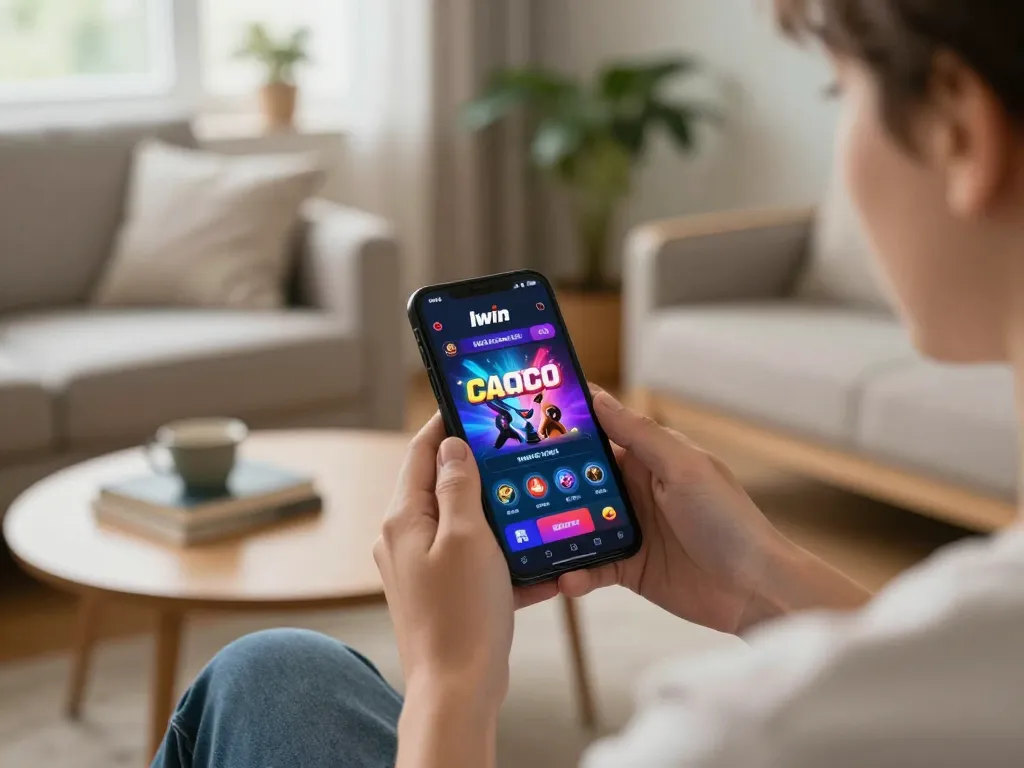 Iwin mobile casino app user enjoying gaming experience at home with a cozy setup