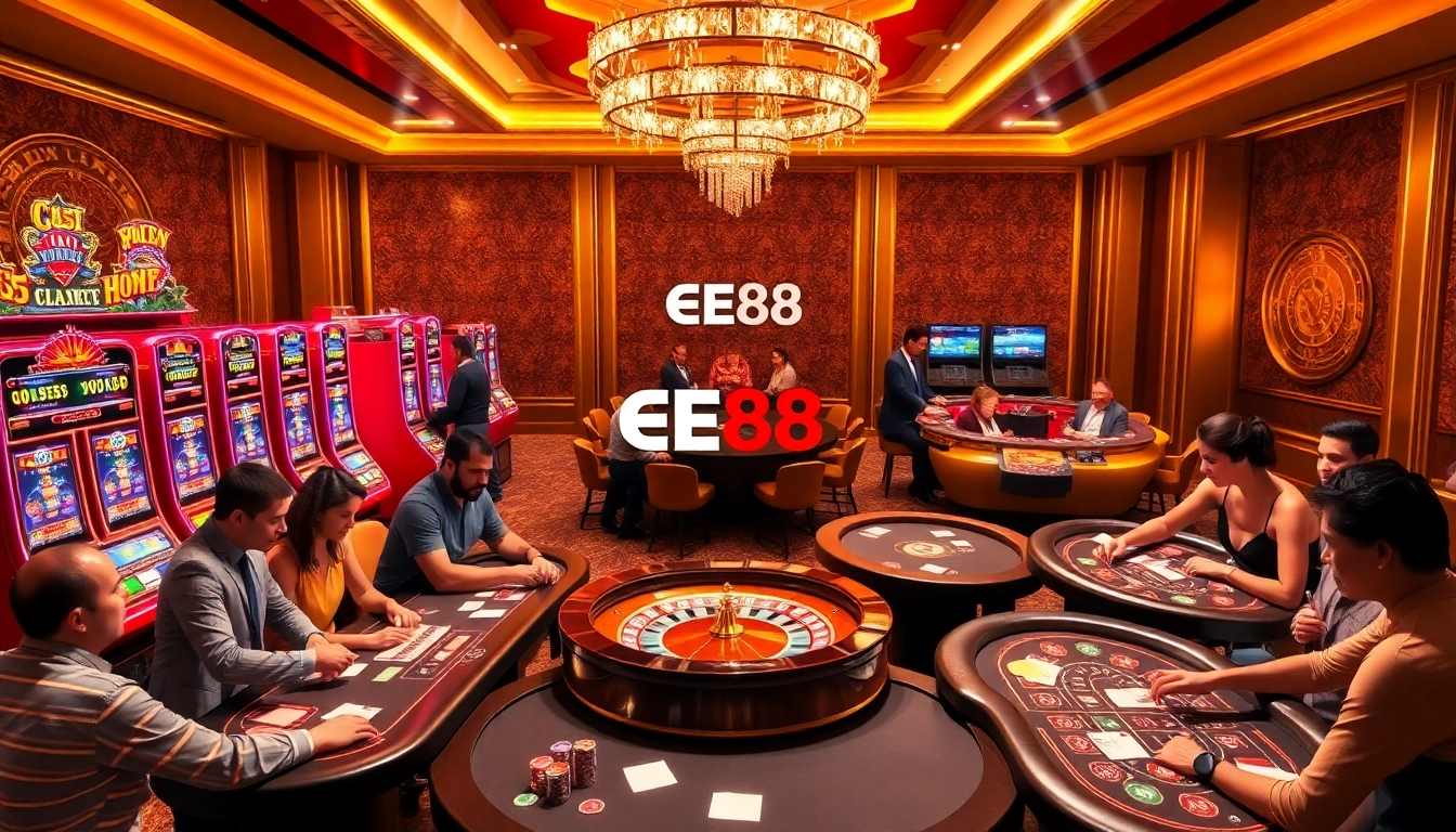 Excitement and strategy in a casino featuring the EE88 logo and vibrant gaming elements.