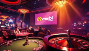 Enjoy intense gameplay at https://69vnbl.com/ featuring poker chips and a roulette wheel in a vibrant casino setting.