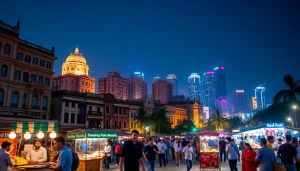 Capturing Karachi's vibrant nightlife with illuminated skyline and locals enjoying outdoor activities.