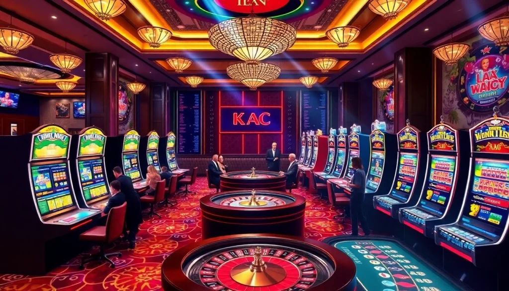 An exciting casino scene with tables, slots, and KJC AC 2 branding.