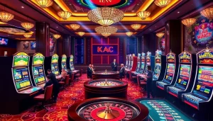 An exciting casino scene with tables, slots, and KJC AC 2 branding.