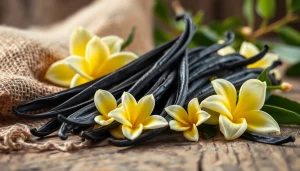 Showcase of premium vanilla pods and flowers, highlighting the rich texture and natural beauty of vanilla.