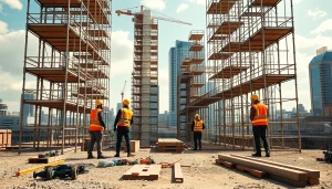 Scaffolders Manchester collaborating on a busy construction site, showcasing dynamic teamwork and city backdrop.