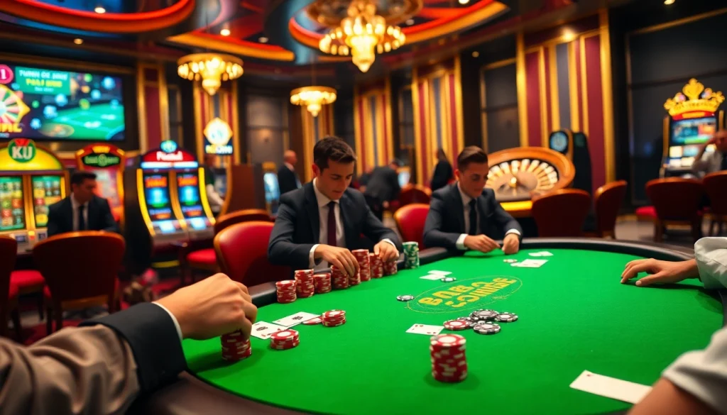 Engage in high-stakes poker at KJC's premier gaming tables, featuring colorful chips and elegant cards.