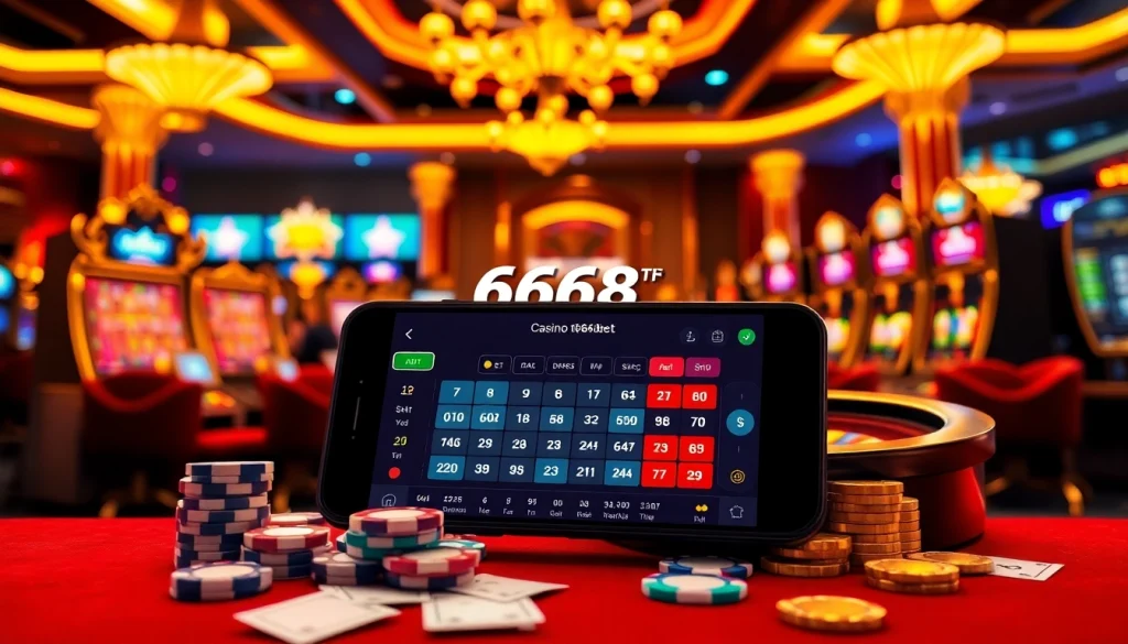 Engaging scene showcasing the 6666bet App with poker chips and roulette wheel, highlighting online gaming excitement.