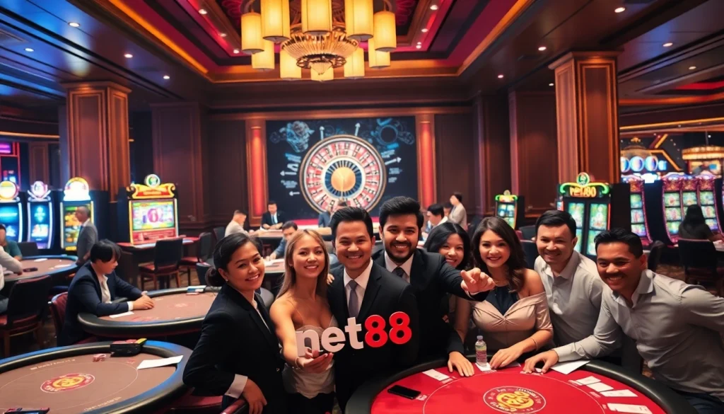 Players celebrating a win at net88 casino, surrounded by vibrant slot machines and gaming tables.