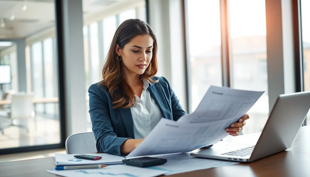 Księgowość dla spółki budowlanej: księgowy przeglądający finanse budowlane w nowoczesnym biurze.