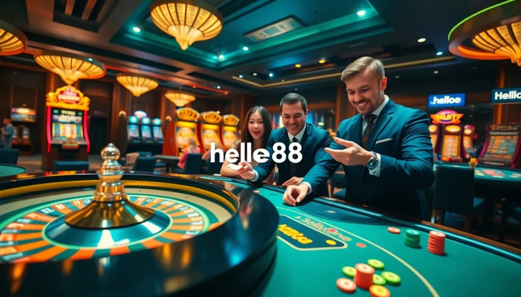 Hello88 casino scene featuring players at a roulette table and poker game, bringing excitement to gambling.