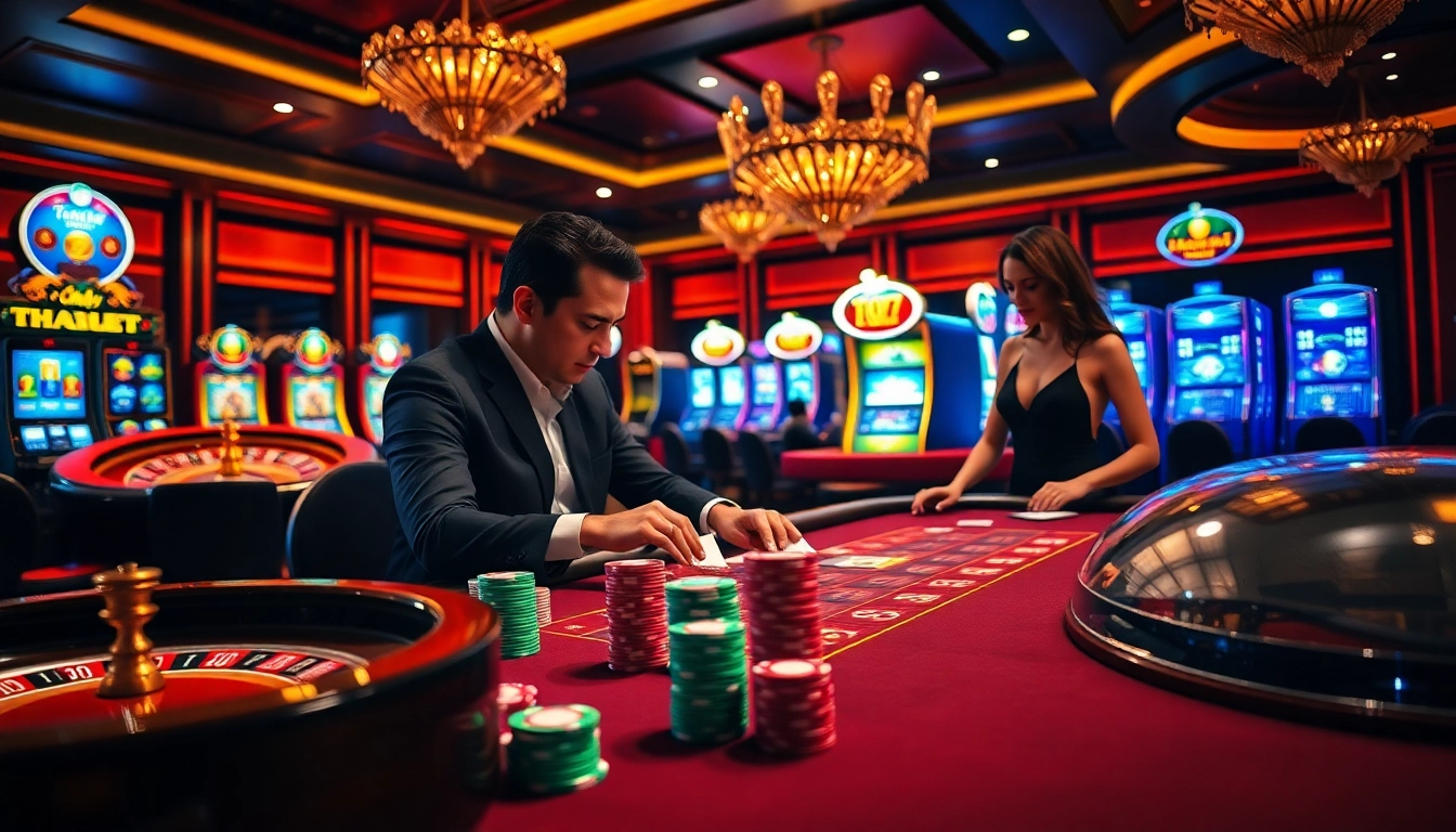 Players enjoying thrilling games at THABET casino with vibrant tables and slot machines.