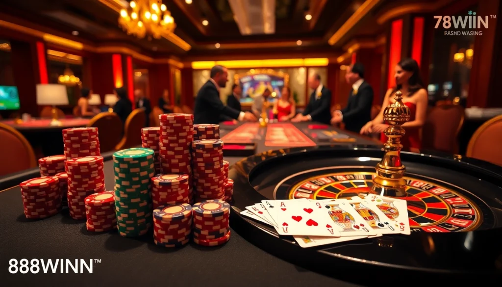 Experience the excitement of casino games at 78WIN, featuring vibrant poker chips and a roulette wheel.