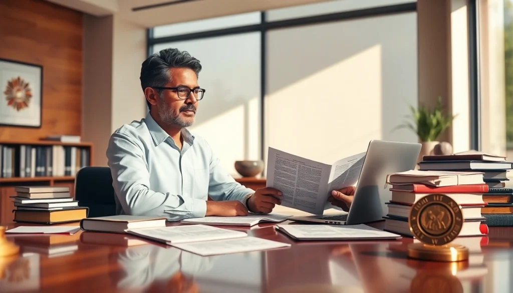 Sworn translation services depicted with a focused translator working in a professional office.