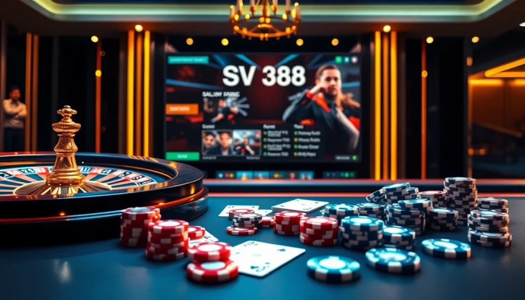 Experience the thrill of gambling at SV 388 with vibrant roulette wheels and playing cards in a luxurious casino setting.