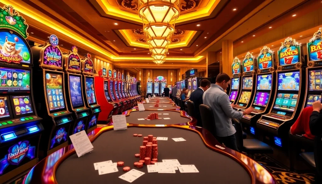 Players enjoying Slot Online action in a vibrant casino, surrounded by colorful slot machines.