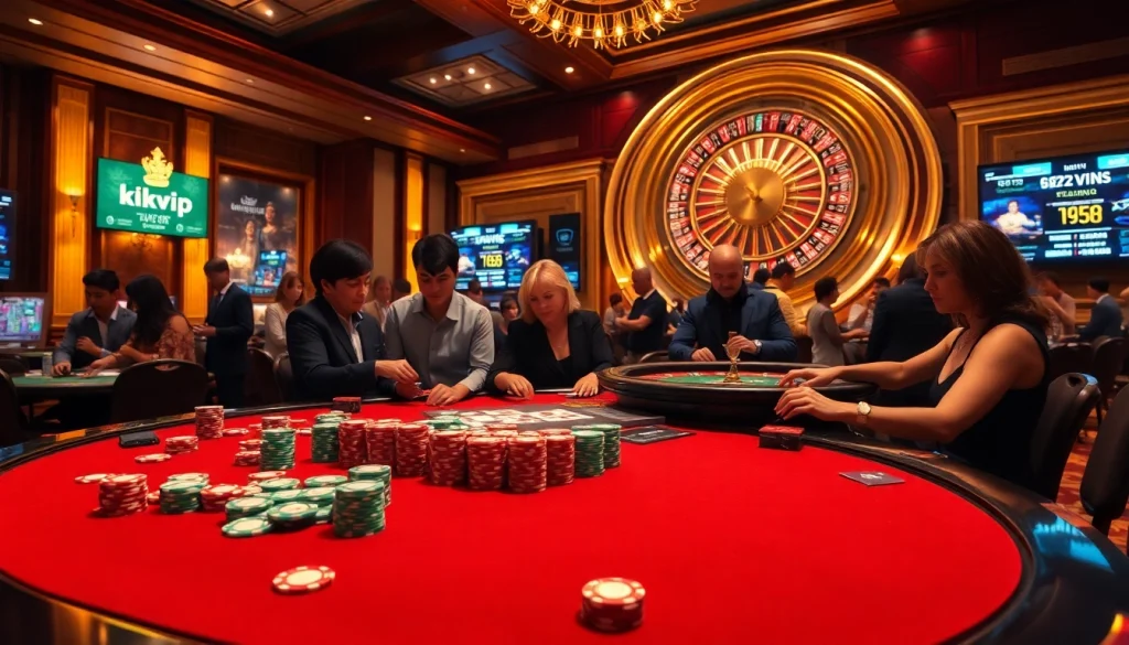 Experience the excitement of rikvip with vibrant poker chips and a thrilling roulette wheel in a luxurious casino setting.