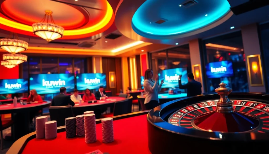 Kuwin players celebrate a win at an online casino table with professional dealers and vibrant atmosphere.