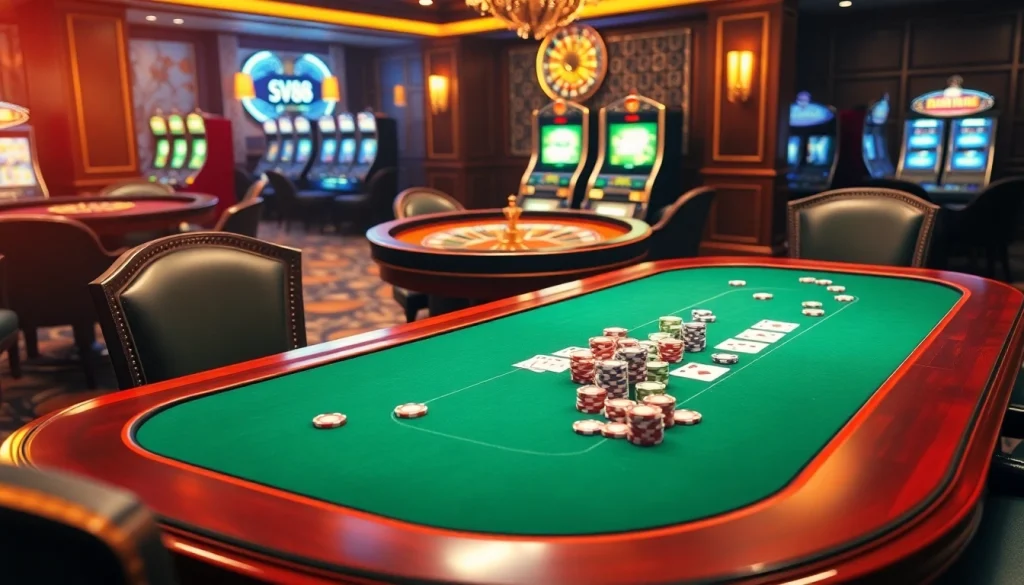 SV88 casino environment showcasing a vibrant poker table with colorful chips and cards.