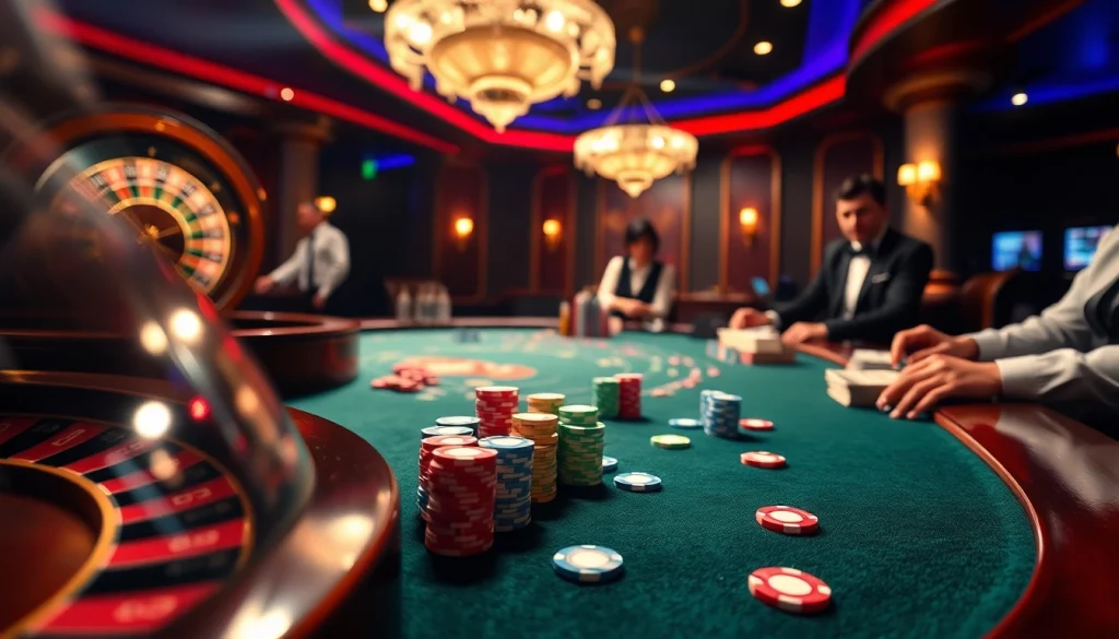 Experience thrilling gameplay at https://ok365vi.net/ with vibrant poker chips and a lively casino atmosphere.