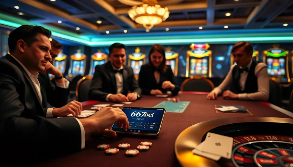Engaging players experience the thrill of gambling with the 667bet App at a vibrant casino table.