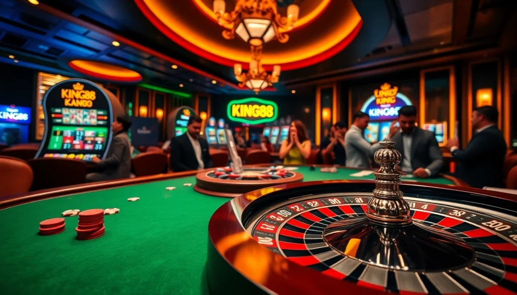 King88 casino scene showcasing roulette and slot machines, highlighting player excitement.