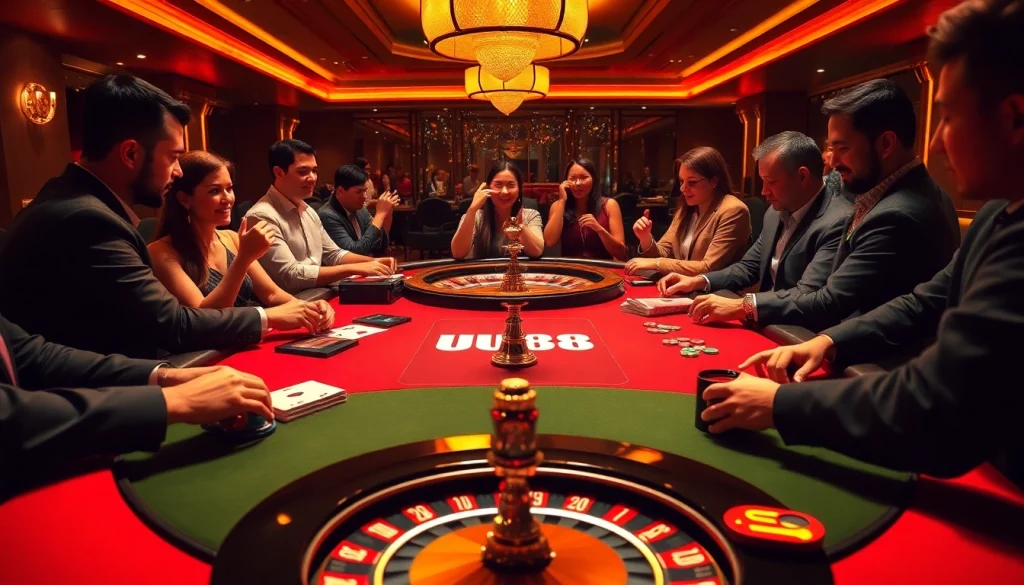 Players enjoying UU88 poker at a luxurious casino table filled with chips and cards.