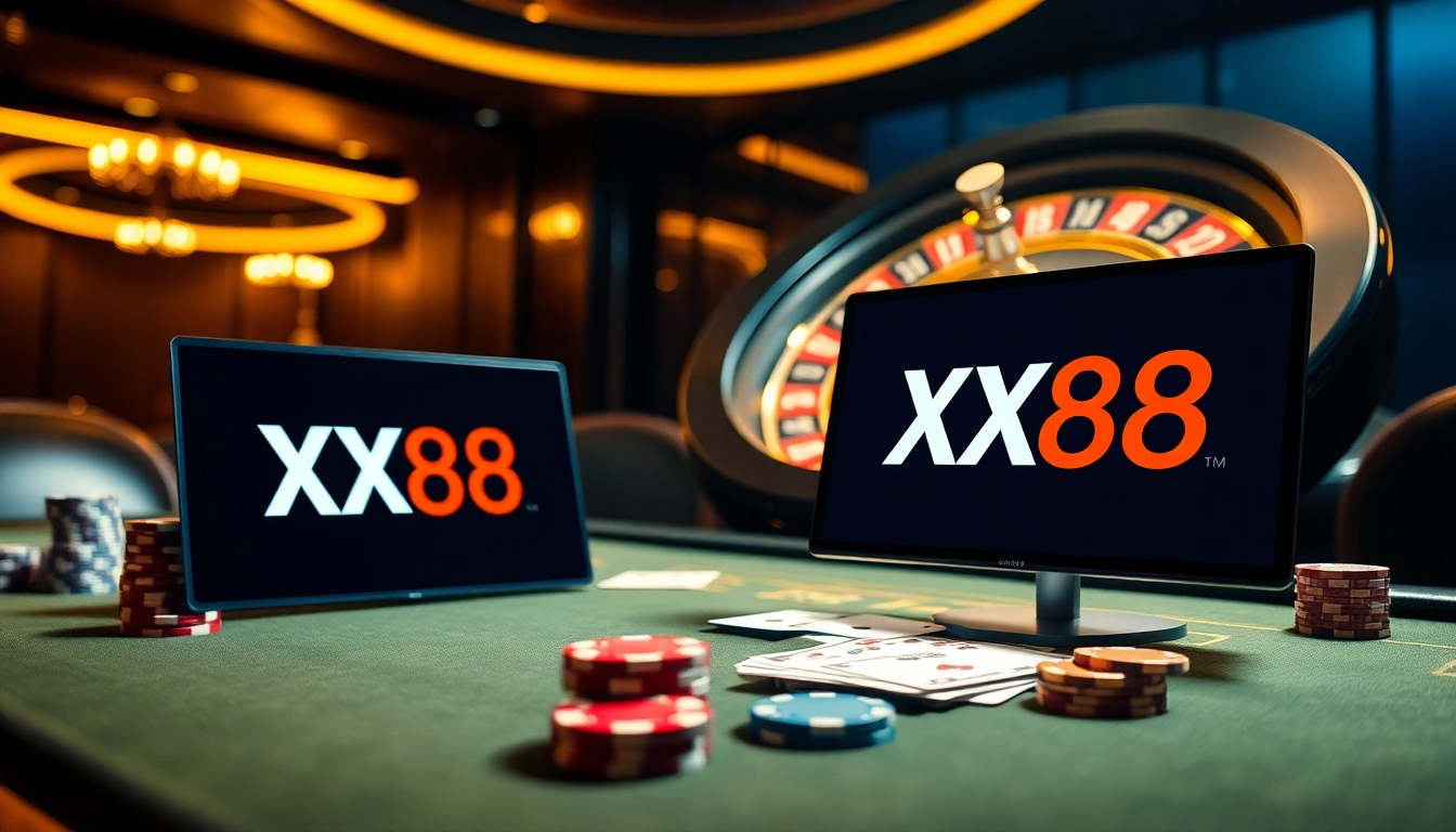 Exciting casino experience with XX88 logo on a luxury table and roulette wheel.