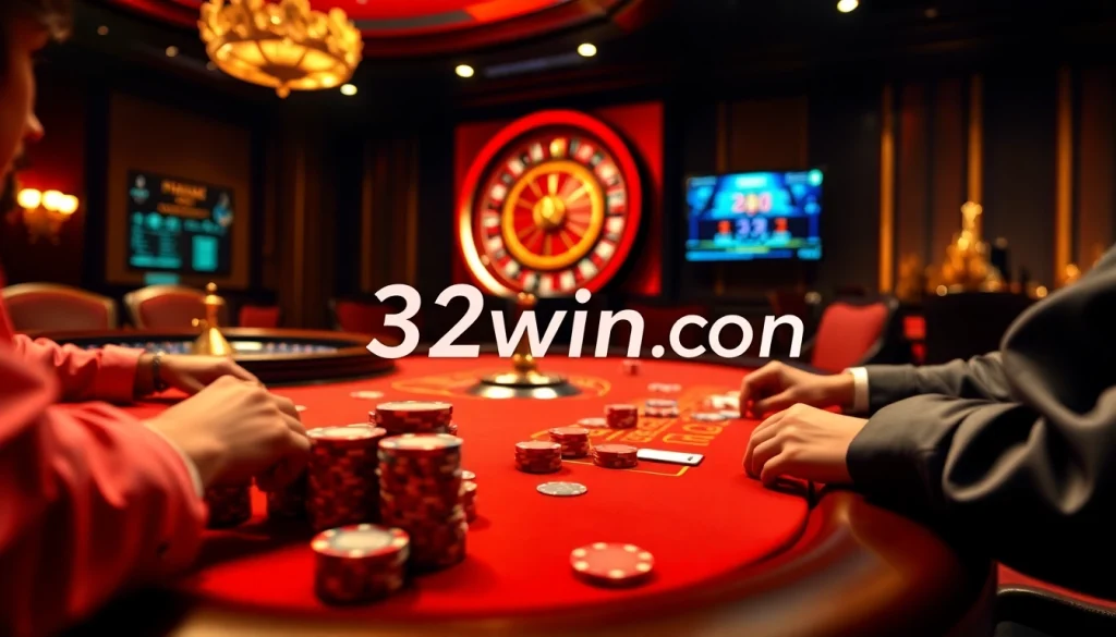 Engage in thrilling poker action at 32win com casino with vibrant chips and cards.