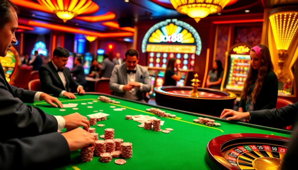 Players enjoying high-stakes poker at xxx88 casino with vibrant atmosphere and gleaming chips.