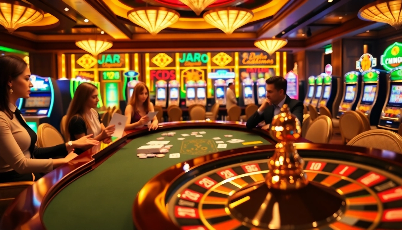 Engaging scene at Nhà cái King88's luxurious casino with players enjoying poker and vibrant slot machines.