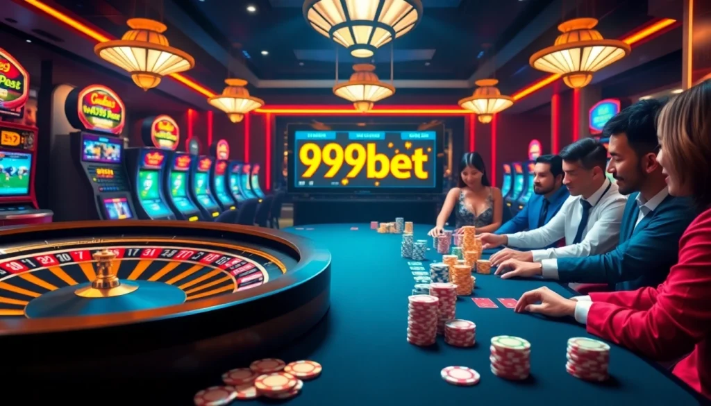 Experience the thrill of gambling at 999bet with a roulette wheel and vibrant casino atmosphere.
