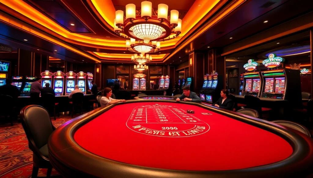 Experience the thrill of gambling at OK8386's luxurious casino, complete with poker tables and vibrant slots.