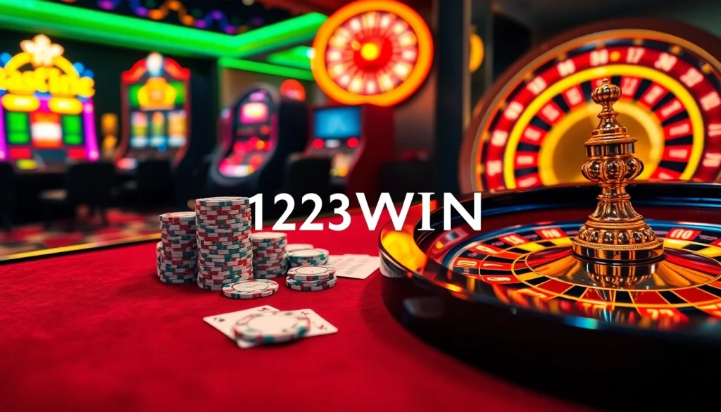 Experience high-stakes gaming at 123WIN with vibrant slot machines and intense poker action.