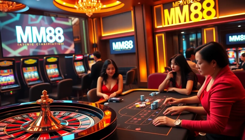 Experience luxury and excitement at MM88's vibrant casino, featuring roulette tables and slot machines.
