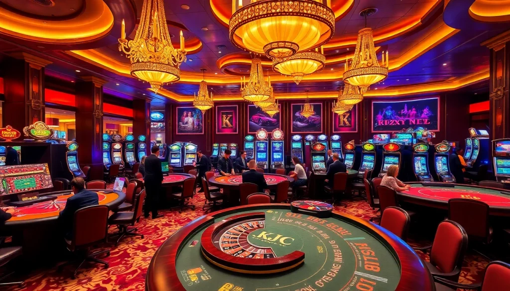 KJC showcases a vibrant casino scene with players at poker tables and roulette wheels, capturing excitement.