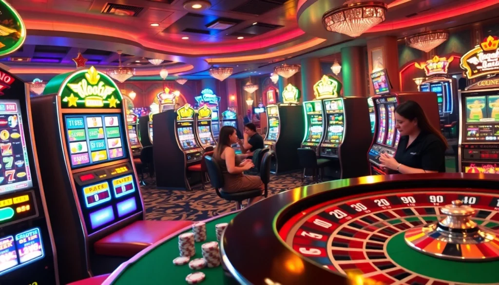 Enjoying thrilling Slot Gacor Hari ini with vibrant slot machines and excited players in a luxurious casino.
