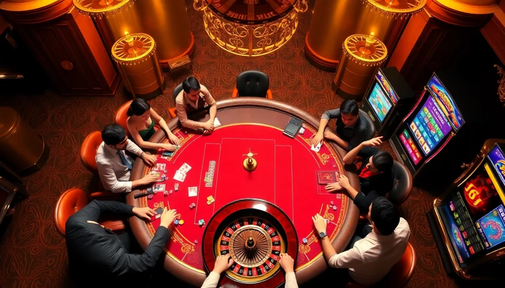 Players engage intensely in a thrilling NK88 casino experience at a vibrant gambling table.
