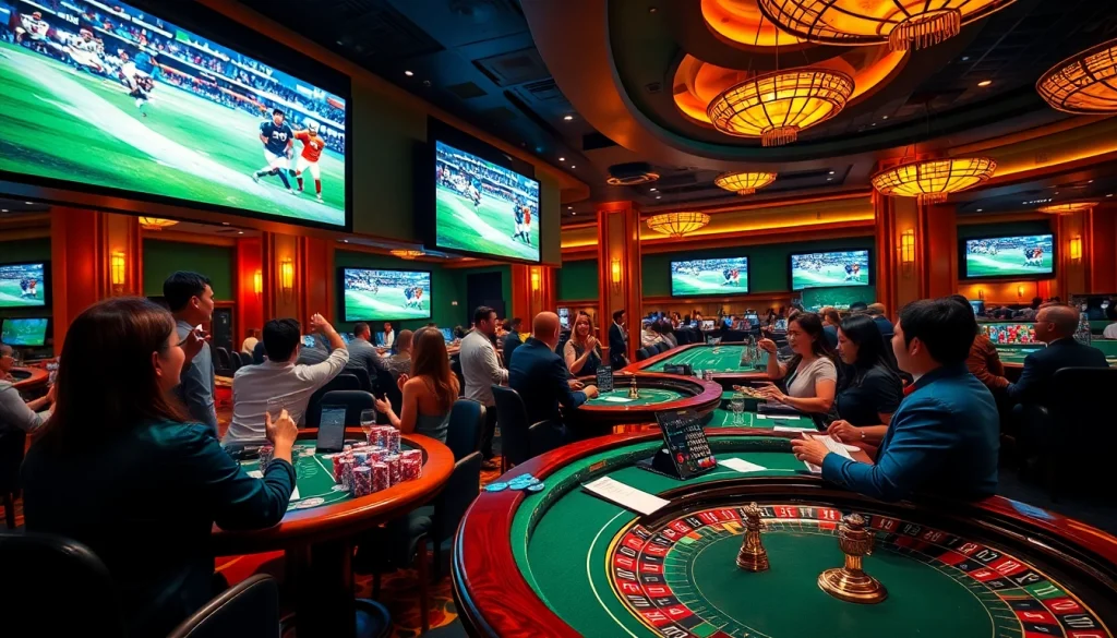 Engage in thrilling sports betting at FIVE88 with a lively casino atmosphere showcasing interactive screens and eager players.