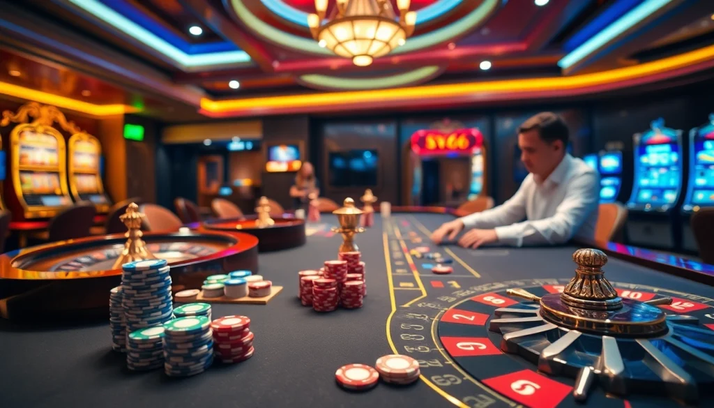 Experience the vibrant atmosphere at nhà cái sv66 featuring poker tables, slot machines, and casino excitement.