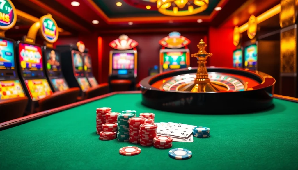Experience thrilling gameplay at i9bet casino with poker chips, roulette wheel, and vibrant casino atmosphere.