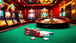 Experience thrilling gameplay at i9bet casino with poker chips, roulette wheel, and vibrant casino atmosphere.