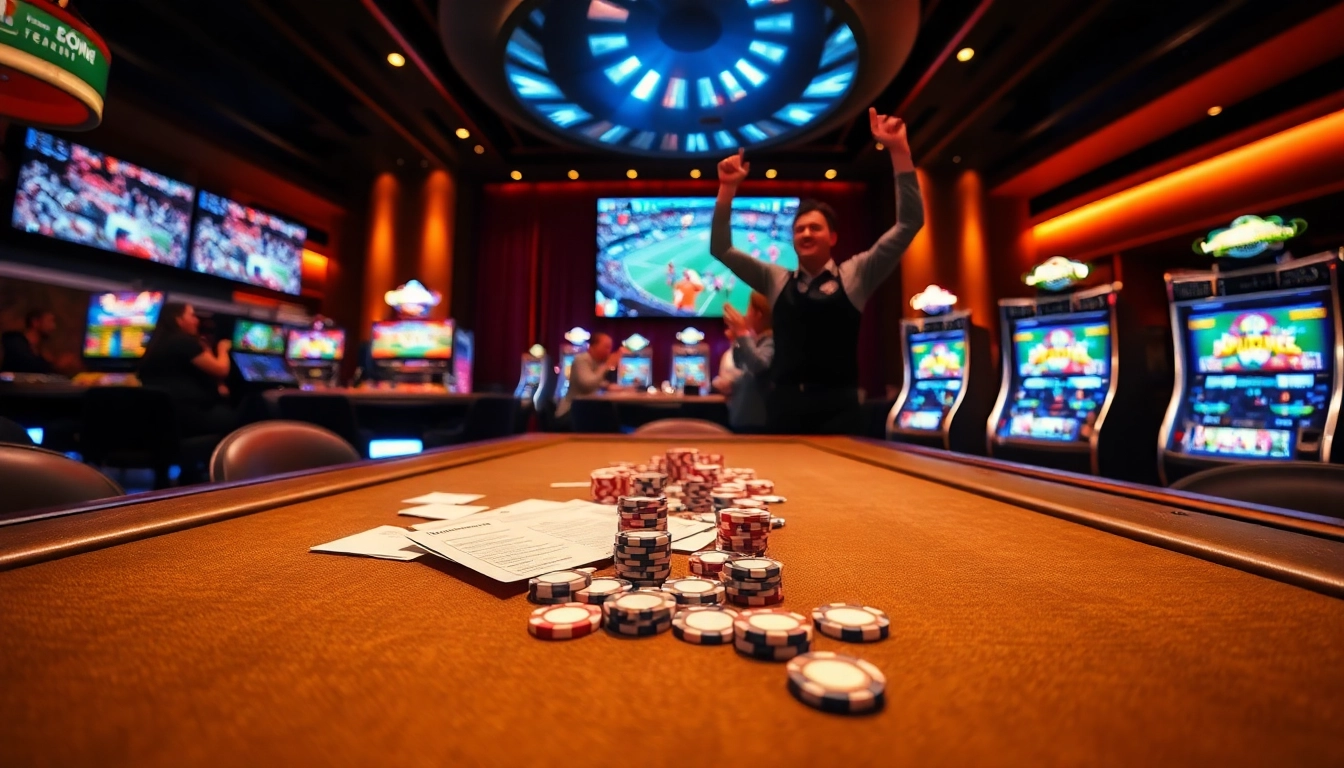 Engage in the excitement of uk88 sport betting with vibrant casino visuals featuring dynamic tables and celebratory bettors.